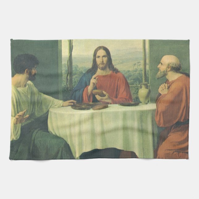 Vintages Abendessen im Emmaus mit Jesus Christus Geschirrtuch (Horizontal)