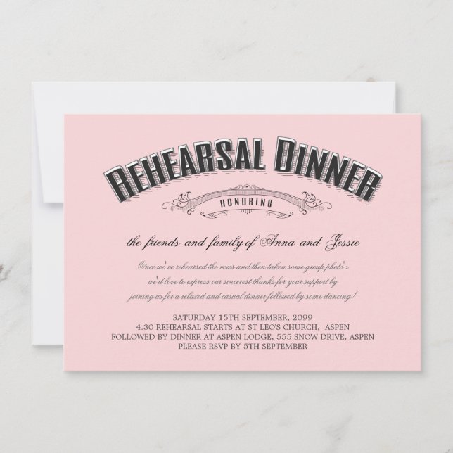 Vintages Abendessen in Rosa Hochzeit Probe einlade Einladung (Vorderseite)