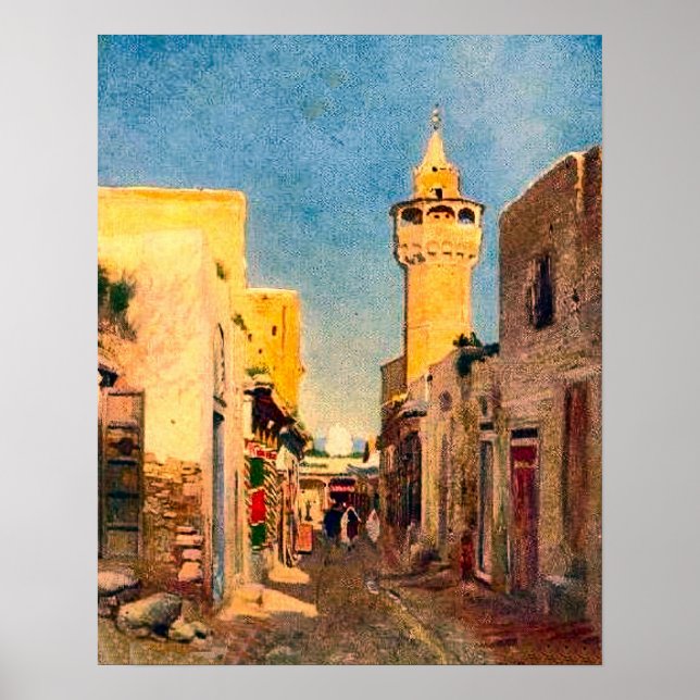 Vintages Afrika, Nordafrika, Straße mit Minarett Poster (Vorne)