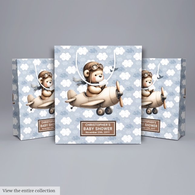 Vintages Airplane Teddy Bear Babydusche Geschenkta Mittlere Geschenktüte (Vintage Airplane Teddy Bear Baby Shower Gift Bag)