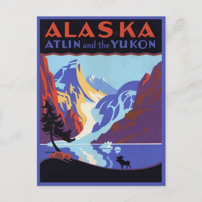 Vintages Alaska-Reiseplakat, Atlin und Yukon Postkarte (Vorderseite)