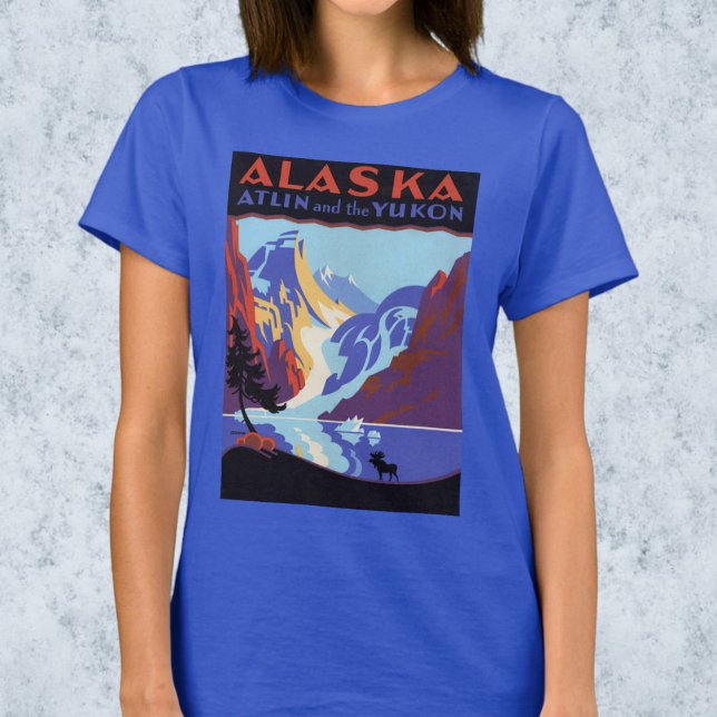 Vintages Alaska-Reiseplakat, Atlin und Yukon T-Shirt (Vintage Travel Poster featuring Atlin and the Yukon in Alaska with a Moose in the foreground T-Shirt)