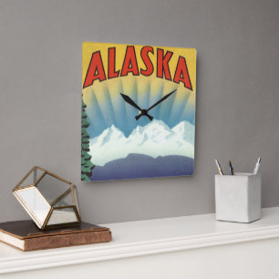 Vintages Alaska Reiseplaner Kunst, Landschaftliche Quadratische Wanduhr