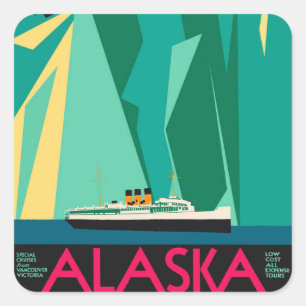 Vintages Alaska Reiseplaner Kunst, Taku Gletscher Quadratischer Aufkleber