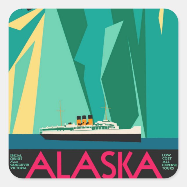 Vintages Alaska Reiseplaner Kunst, Taku Gletscher Quadratischer Aufkleber (Vorderseite)