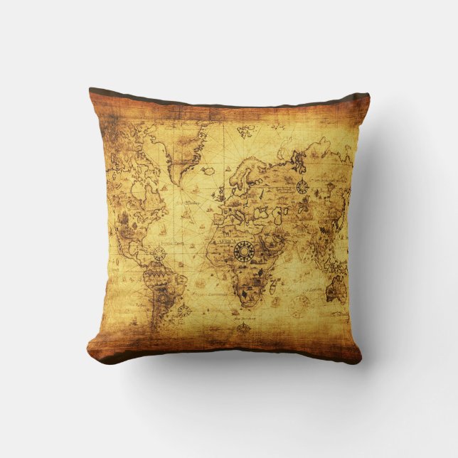 Vintages altes Gold World Map Decke Kissen (Vorderseite)