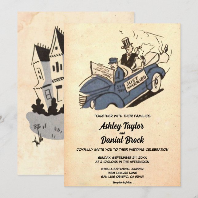 Vintages altes rustikales Doppelbuch Comic Retro H Einladung (Vorne/Hinten)