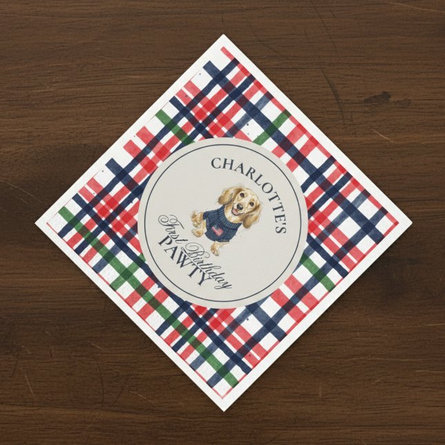 Vintages Amerika Karierte Dackel Erster Geburtstag Serviette (Celebrate your little one’s special day with this Vintage Americana Plaid Dachshund napkin!)