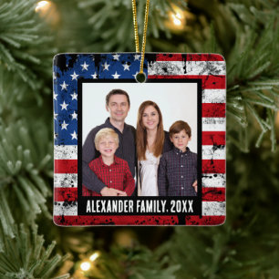 Vintages amerikanisches Flag Patriotic Family Foto Keramikornament