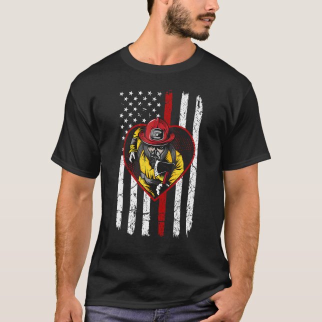 Vintages amerikanisches Flaggenherz für Fireman Va T-Shirt (Vorderseite)