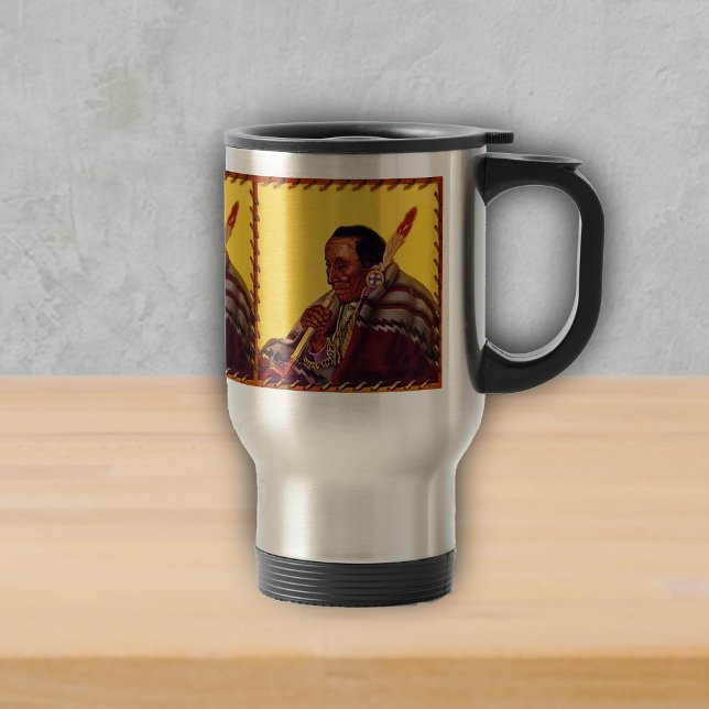 Vintages amerikanisches Kriegerfriedstück Reisebecher (Native American male with peace pipe blanket feather on gold with faux leather bornder on travel mug)