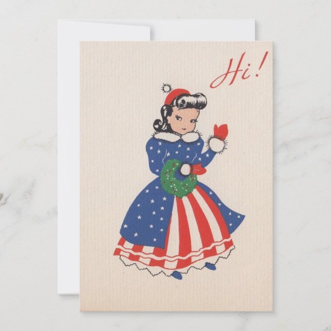 Vintages amerikanisches Patriot Christmas Girl Feiertagskarte (Vorderseite)