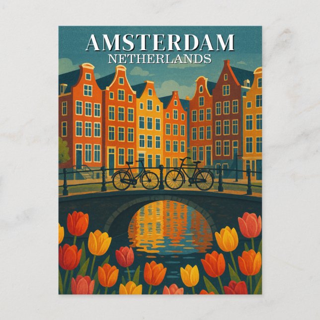 Vintages Amsterdam Fahrräder auf Bridge-Blume Postkarte (Vorderseite)