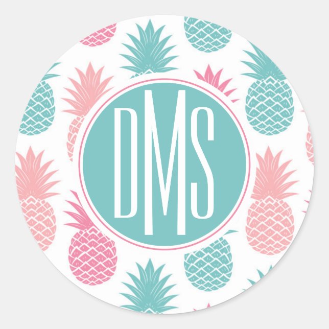 Vintages Ananas-Muster | Monogramm Runder Aufkleber (Vorderseite)