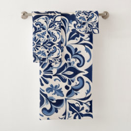 Vintages andalusisches Mosaik, zeitlos blau und we Badhandtuch Set