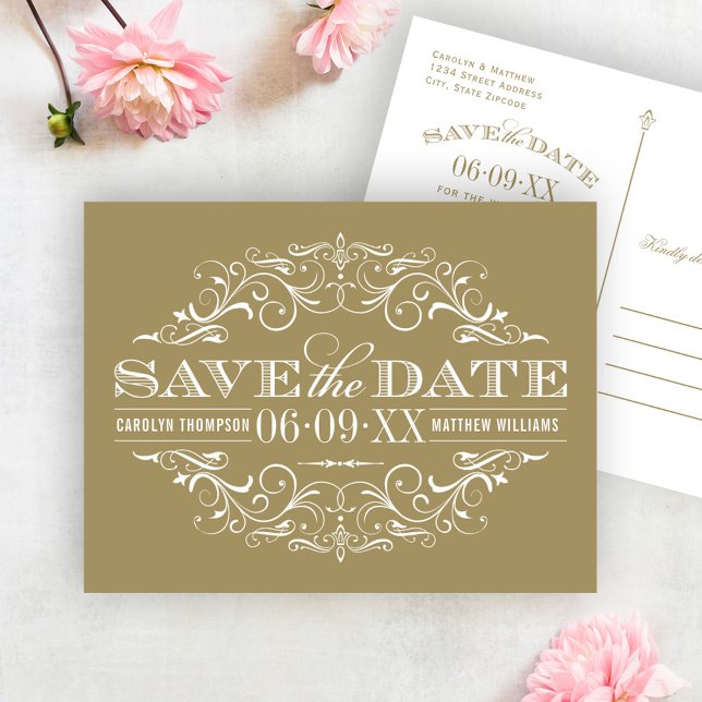 Vintages antikes Gold Save the Date Geblüht Ankündigungspostkarte (Von Creator hochgeladen)