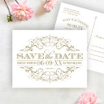Vintages antikes goldenes Weiß Geblüht Save the Da<br><div class="desc">Dekorative Wirbel und Schnörkel umrahmen dieses Vintage inspirierte Hochzeitsgeschenk und sparen das Design der Dattelkarte. Das Farbschema ist weiß und antik.</div>