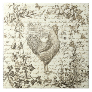 Vintages antikes Rooster Beige Toile Blumenbild Fliese