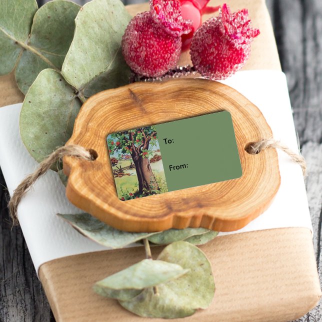 Vintages Apfelbaum-Wiesenfeld Adressaufkleber (Old apple tree in grassy field by fence on green gift tag labels.)