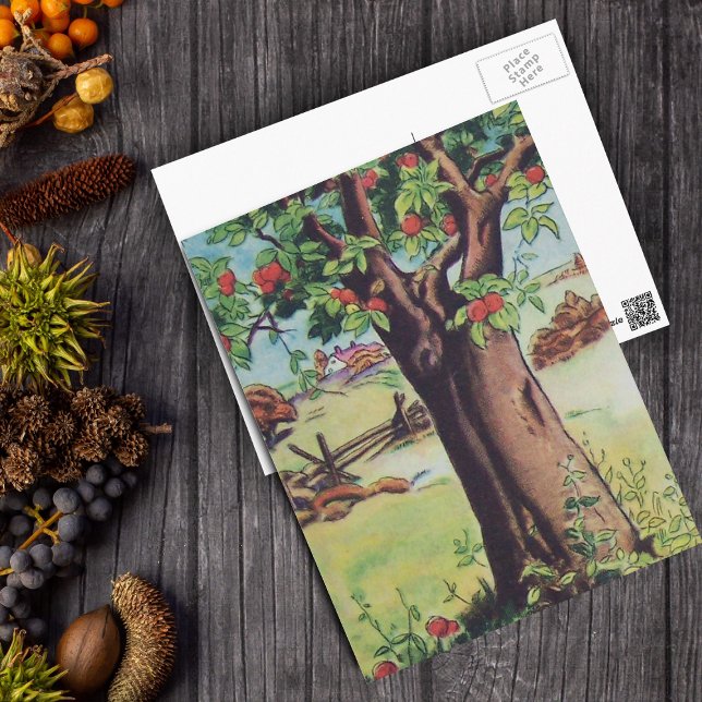 Vintages Apfelbaum-Wiesenfeld Postkarte (Red apple tree in field with farm on postcard.)