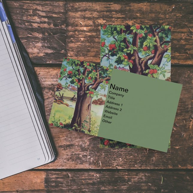 Vintages Apfelbaum-Wiesenfeld Visitenkarte (Red apple tree in farm field with fence on green business cards.)