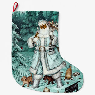 Vintages Aqua Blue Black Santa Weihnachten Strumpf Großer Weihnachtsstrumpf