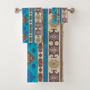 Vintages Aqua Blue Pale Gold Kilim Türkisch Badhandtuch Set