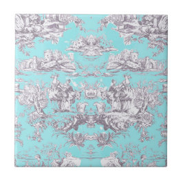 Vintages Aqua-Blue-Toile de jouy Monogram Fliese