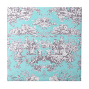 Vintages Aqua-Blue-Toile de jouy Monogram Fliese