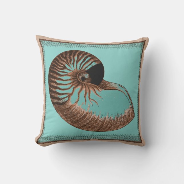 Vintages Aqua Chambered Nautilus Muschel Pilz Kissen (Vorderseite)