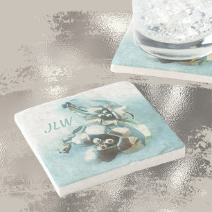 Vintages Aqua und Goldlilie Steinuntersetzer