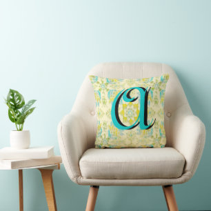 Vintages Aqua Yellow iKat Floral Monogram Kissen