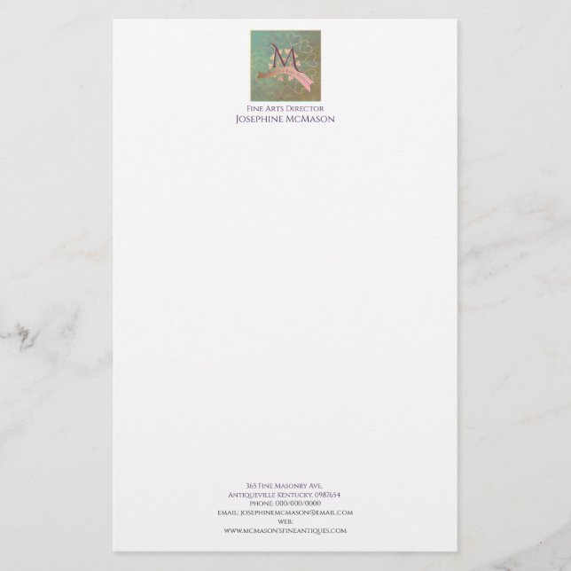 Vintages Aquamarin & Blush Monogram Business Briefpapier (Vorderseite)