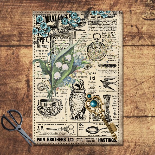 Vintages Aquamarines blaues Floral Ephemerapier Seidenpapier (Von Creator hochgeladen)