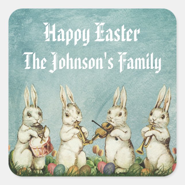 Vintages Aquamarines Blaues Osterhasen und Ei Quadratischer Aufkleber (Vorderseite)