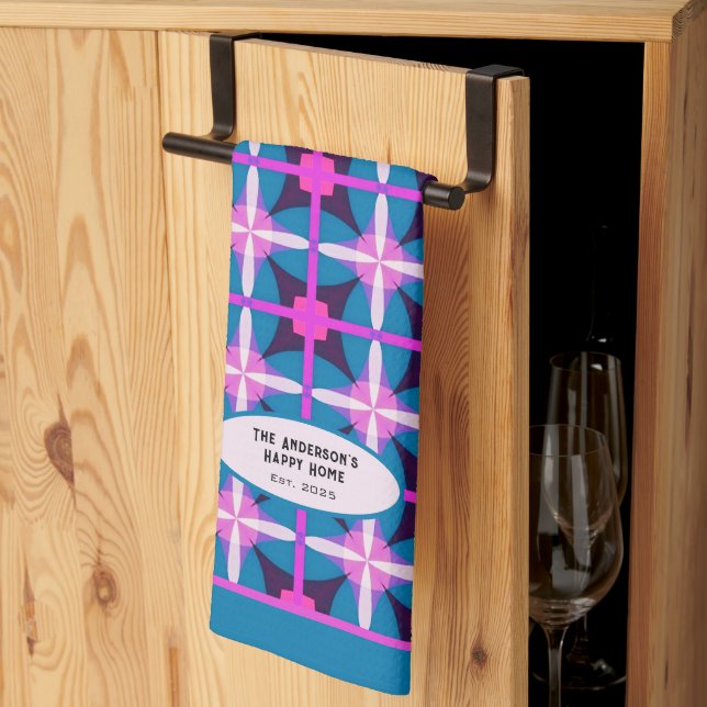 Vintages Aquamarines Fuchsia Eggplant Geometrische Geschirrtuch (Drittel gefaltet)