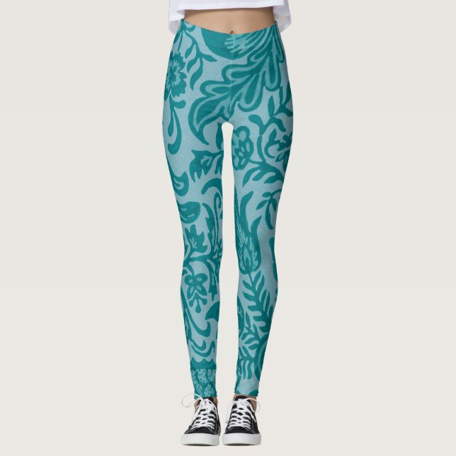 Vintages Aquamarines Grünes Blumenmuster Leggings (Vorderseite)
