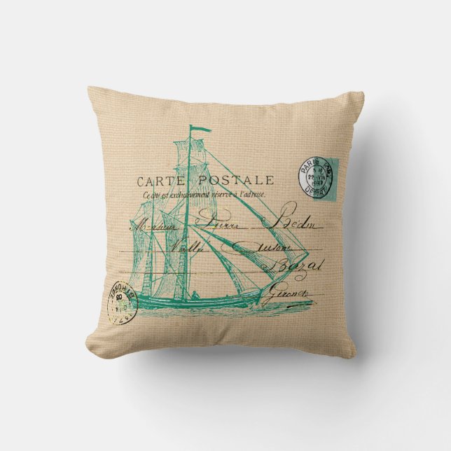 Vintages Aquamarines Segelschiff Nautical Pillow Kissen (Vorderseite)