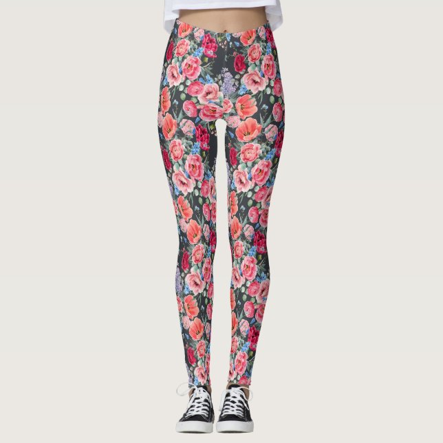 Vintages Aquarellrosa und rote Rosen Leggings (Vorderseite)