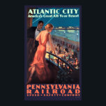 Vintages Art Deco Atlantik Poster<br><div class="desc">Dies ist ein digital erweiterter Ausdruck eines Vintagen Art Deco Altantic City, Pennsylvania Railroad Touristenposter von Edward M. Eggleston. Es verfügt über ein junges Paar auf einem Balkon mit Blick auf Atalnta City Ameisennacht im Hintergrund. Auch wenn die Hintergrundfarbe aus dem Original abgeleitet ist, können Sie diese an Ihre Einrichtung...</div>