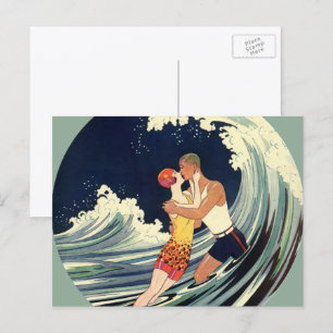 Vintages Art Déco, Liebhaber Kiss am Strand Postkarte