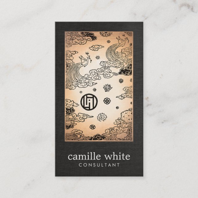 Vintages asiatisches Gold Pfau und Lotus Black Visitenkarte (Vorderseite)