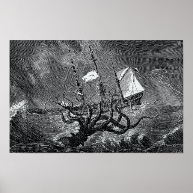 Vintages Ätzen auf einem angreifenden Schiff Poster (Vorne)