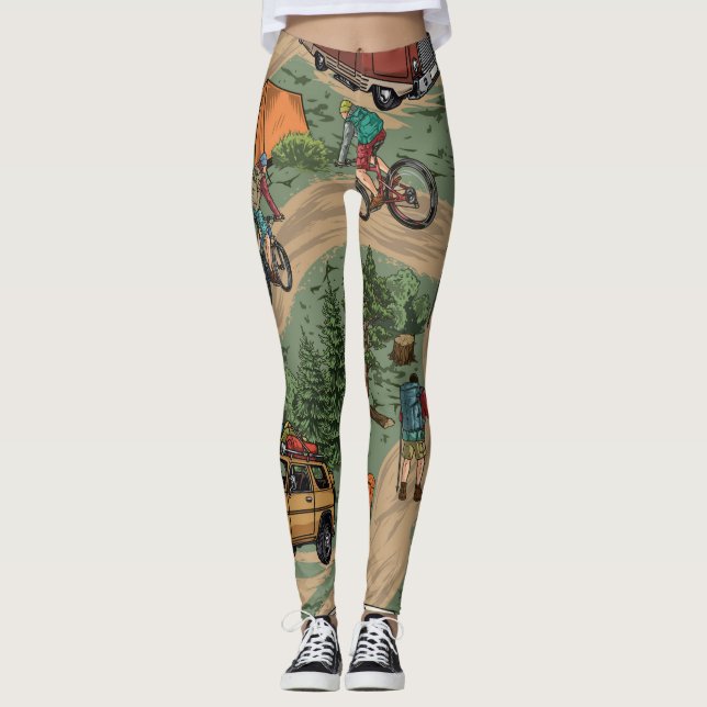 Vintages Außenmuster: Wanderer, Fahrräder Leggings (Vorderseite)