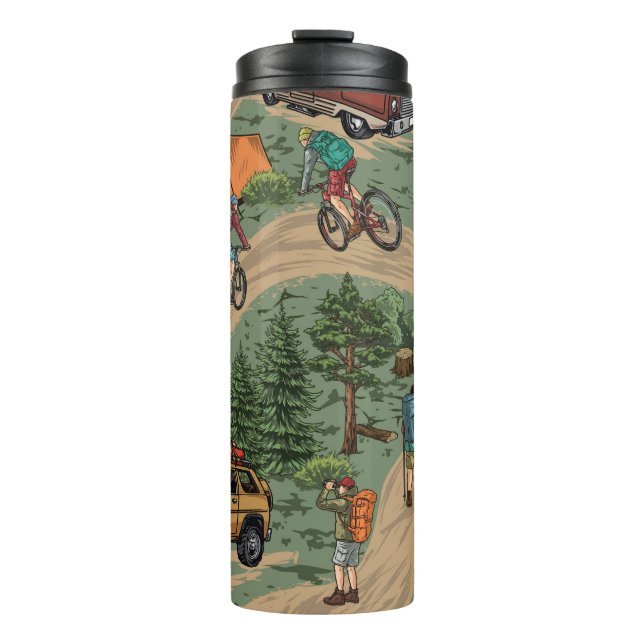 Vintages Außenmuster: Wanderer, Fahrräder Thermosbecher (Vorderseite)