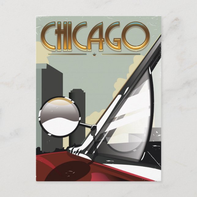 Vintages Auto-Reiseplakat von Chicago City Postkarte (Vorderseite)