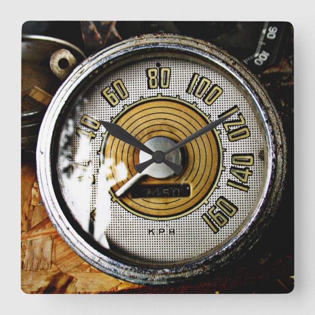 Vintages Automobilgeschwindigkeitsmessgerät Quadratische Wanduhr (Vorderseite)