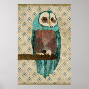 Vintages Azurblau und Blush Owl Art Poster