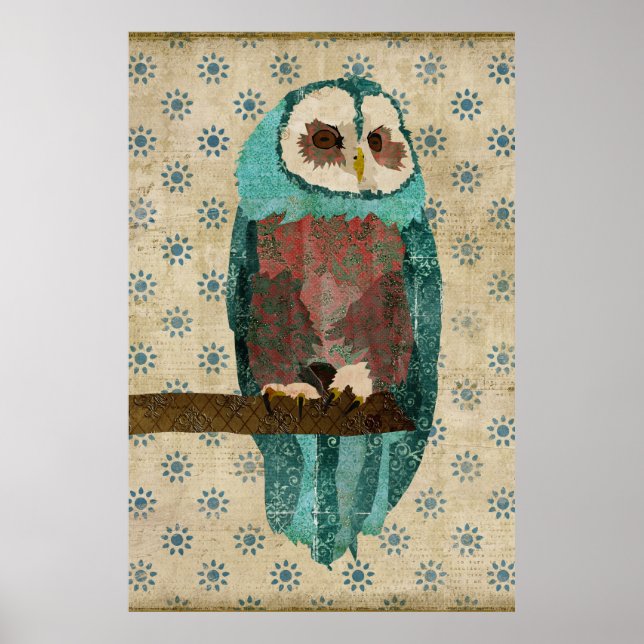 Vintages Azurblau und Blush Owl Art Poster (Vorne)