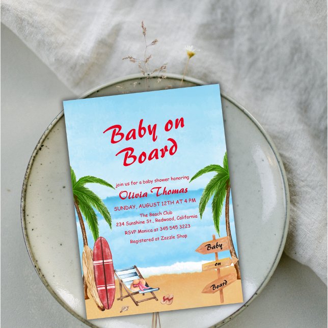 Vintages Baby an Bord Surfbrett Kinderdusche Einladung (VIntage Baby On Board Beach Surfing Baby Shower Invitation)